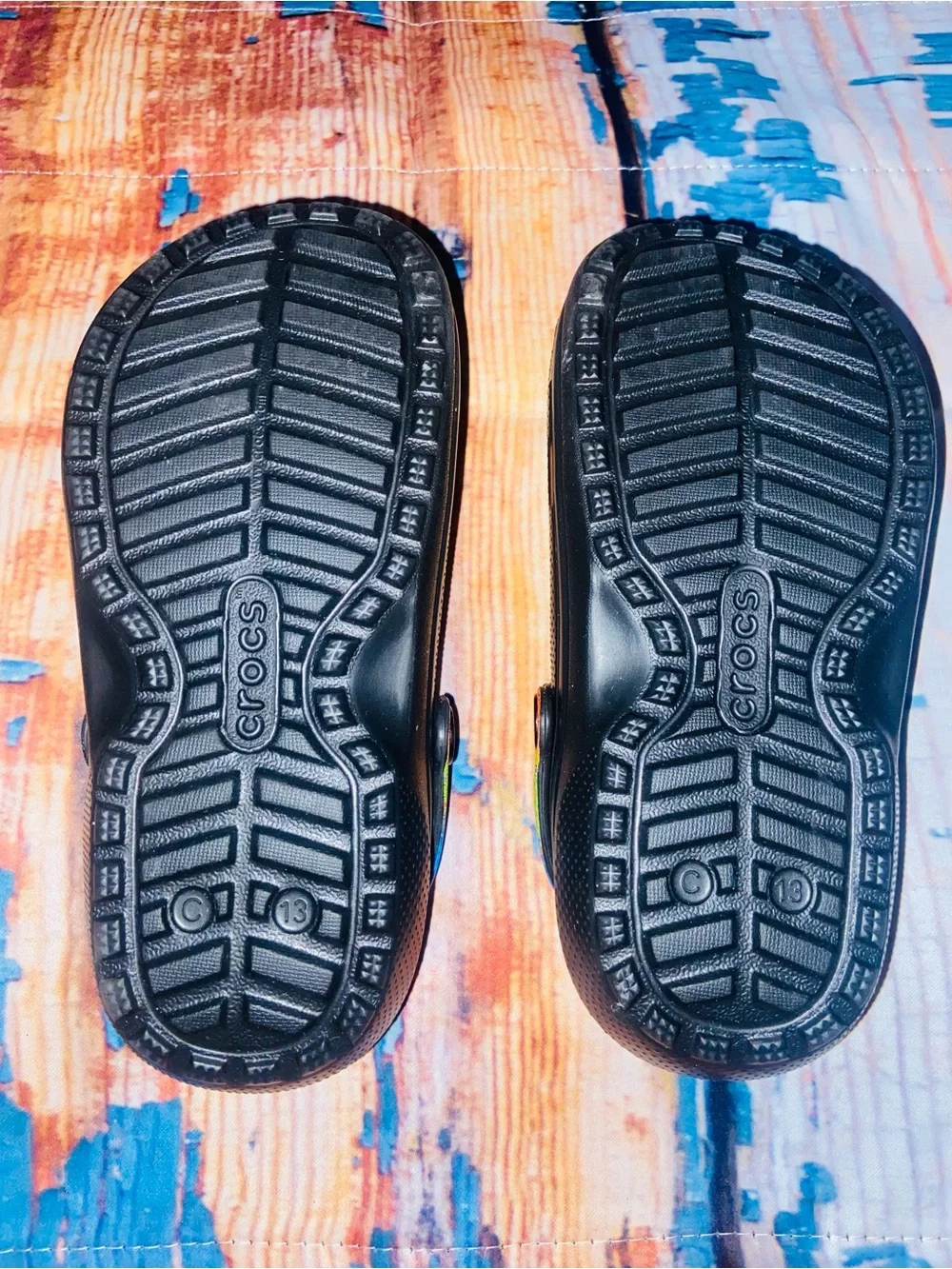 Kids Black Crocs with Blue & Multicolor Lining